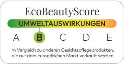Eco Beauty Score‑Etikett mit dem Titel „Umweltauswirkungen“ auf hellgrunem Balken und farbiger Skala A–E (A dunkelgrun, B hellgrun markiert, C gelb, D orange, E rot). Unten steht: „Im Vergleich zu anderen Gesichtspflegeprodukten, die auf dem europaischen Markt verkauft werden“.