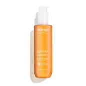 Orangene Flasche mit Pumpspender auf weißem Hintergrund. Text: "Biotherm Biosource Total Renew Oil".